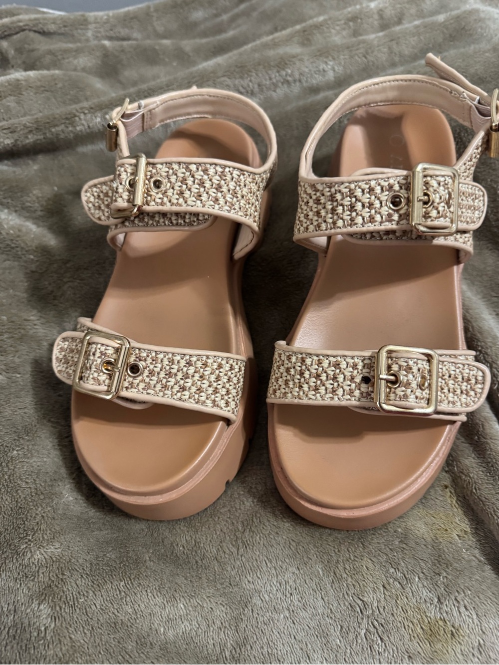 Amazon Neutral Woven Strap Platform Sandals with Gold Buckles